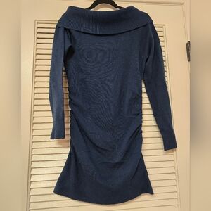 Derek Heart - Navy Long-Sleeve Off-Shoulder Sweater Dress With Ruched Si…